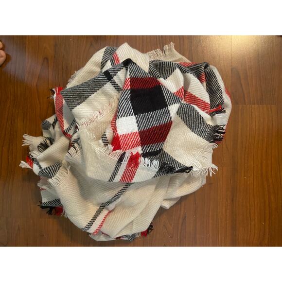Blanket Scarf Large Square 56" x 56" Plaid Red Cream Black Fringe - Picture 3 of 7